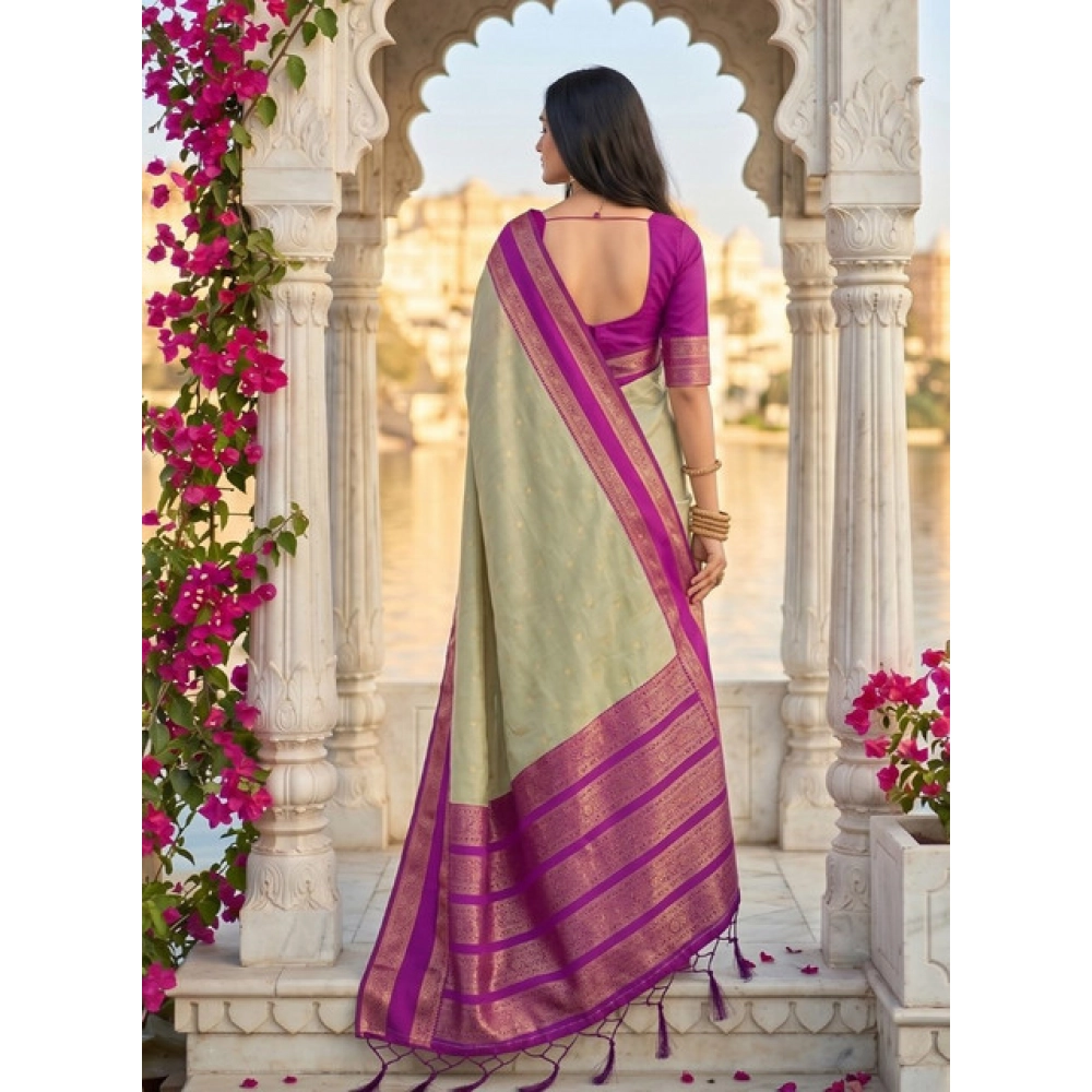 Women's Silk Blend Printed Saree With Unstitched Blouse 5.5Mtr (Light Green-Pink) - Image 3