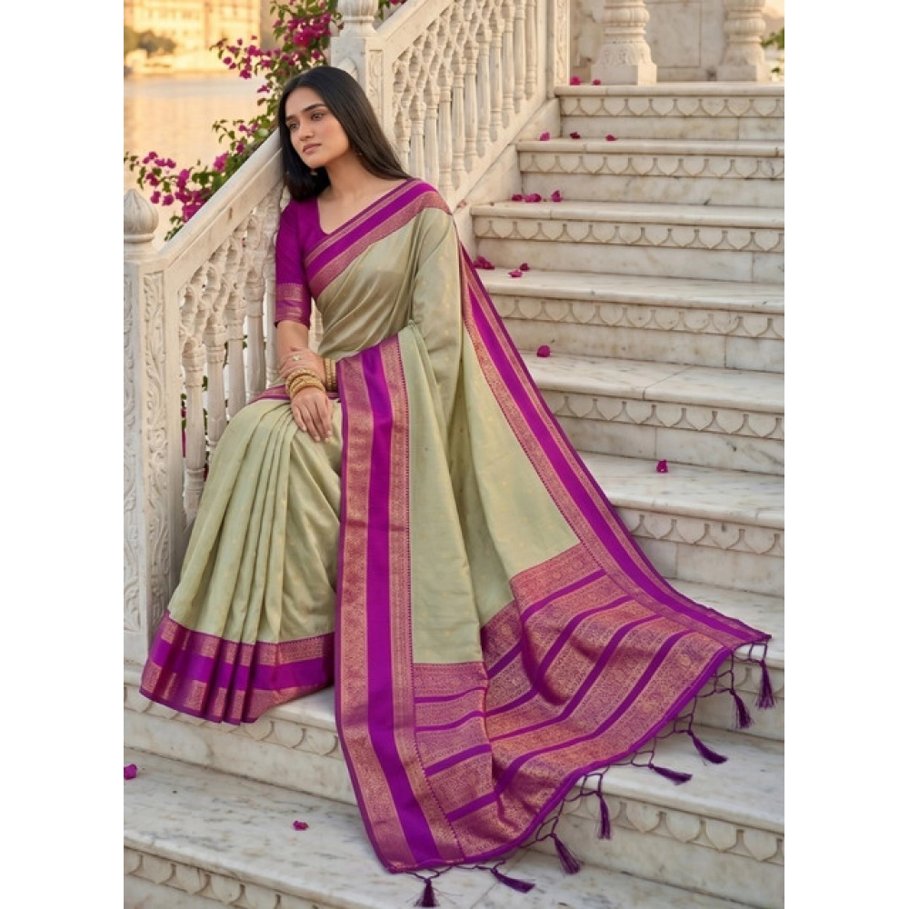 Women's Silk Blend Printed Saree With Unstitched Blouse 5.5Mtr (Light Green-Pink) - Image 4