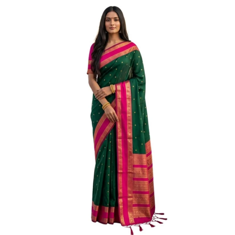 Alternative view of Women's Silk Blend Printed Saree With Unstitched Blouse 5.5Mtr (Dark Green-Pink)