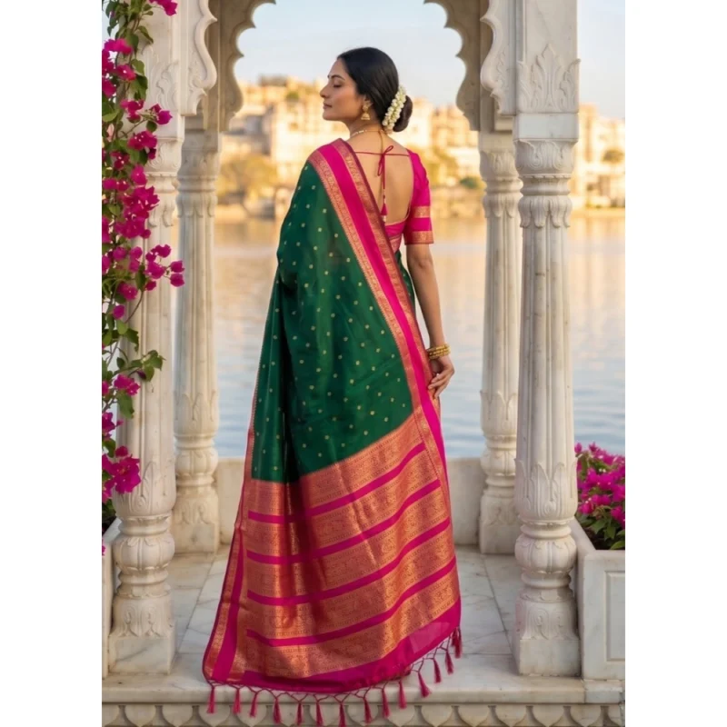 Women's Silk Blend Printed Saree With Unstitched Blouse 5.5Mtr (Dark Green-Pink) - Image 3