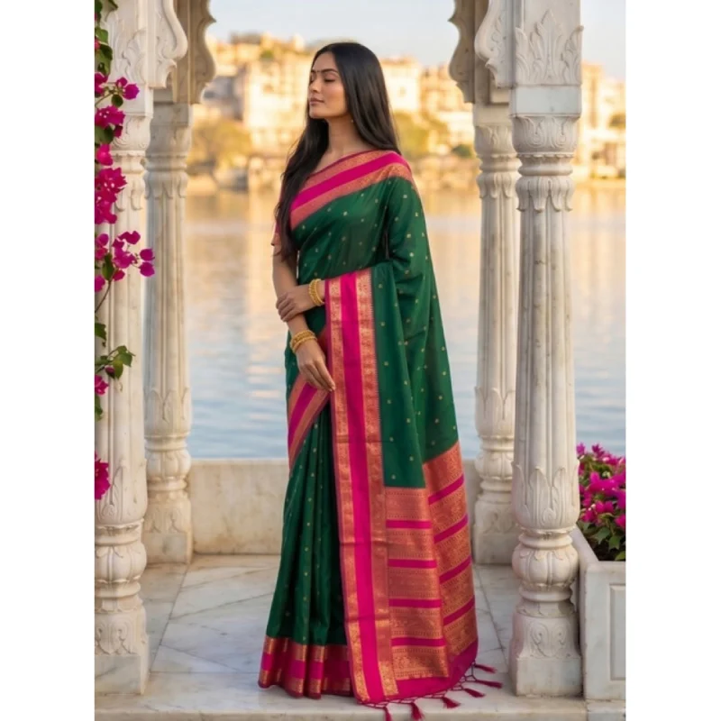 Women's Silk Blend Printed Saree With Unstitched Blouse 5.5Mtr (Dark Green-Pink) - Image 4