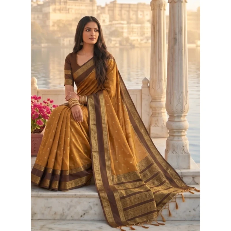 Women's Silk Blend Printed Saree With Unstitched Blouse 5.5Mtr (Mustard-Brown)