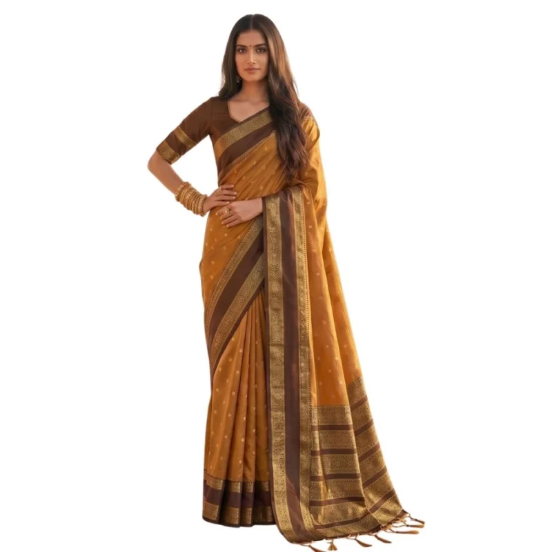 Alternative view of Women's Silk Blend Printed Saree With Unstitched Blouse 5.5Mtr (Mustard-Brown)