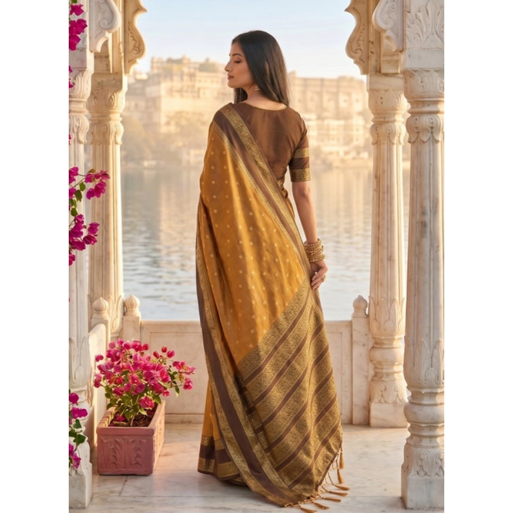 Women's Silk Blend Printed Saree With Unstitched Blouse 5.5Mtr (Mustard-Brown) - Image 3