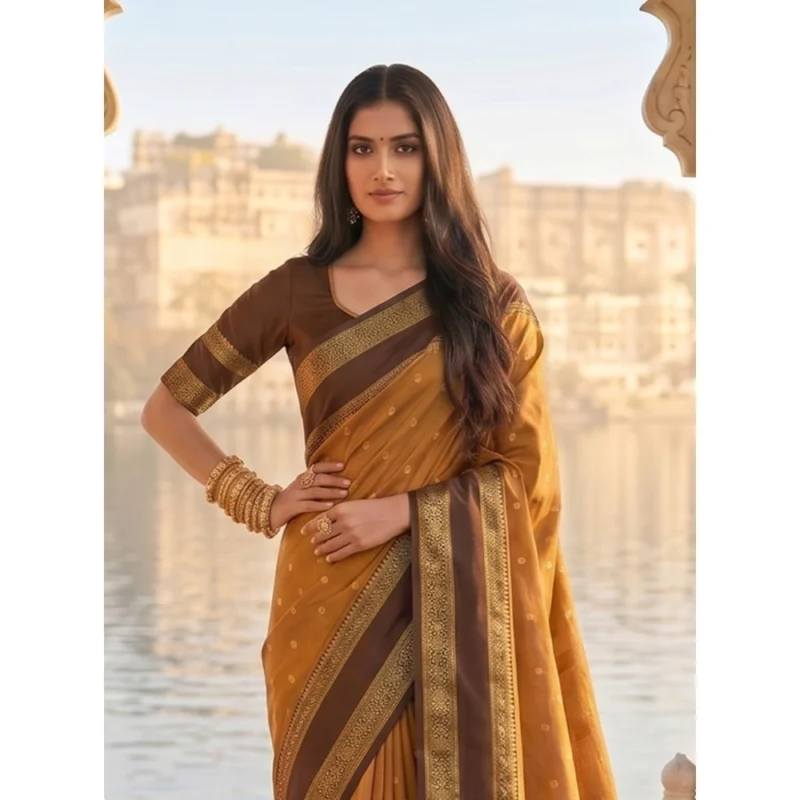 Women's Silk Blend Printed Saree With Unstitched Blouse 5.5Mtr (Mustard-Brown) - Image 4