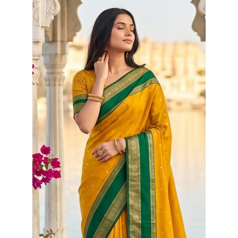 Women's Silk Blend Printed Saree With Unstitched Blouse 5.5Mtr (Yellow-Green)