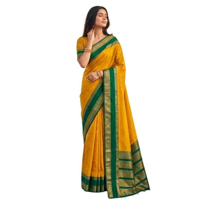Alternative view of Women's Silk Blend Printed Saree With Unstitched Blouse 5.5Mtr (Yellow-Green)
