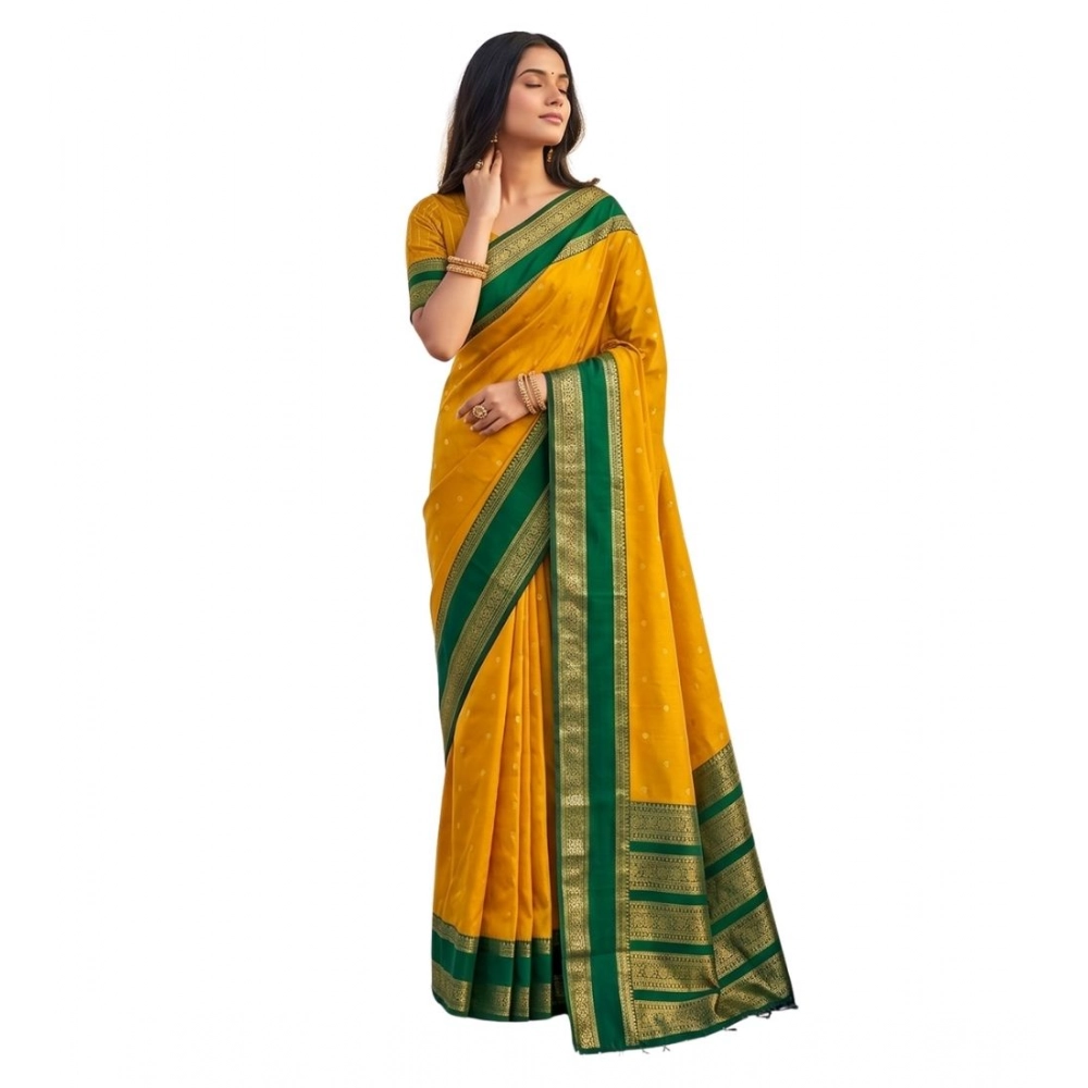Women's Silk Blend Printed Saree With Unstitched Blouse 5.5Mtr (Yellow-Green) - Image 2