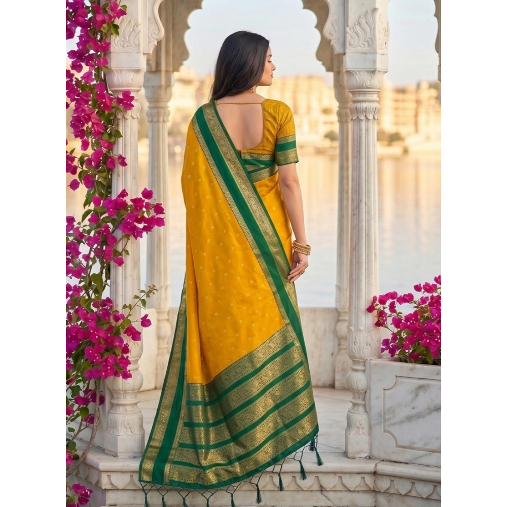 Women's Silk Blend Printed Saree With Unstitched Blouse 5.5Mtr (Yellow-Green) - Image 3