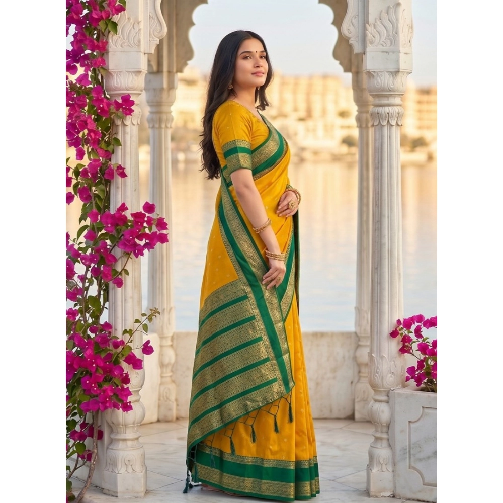 Women's Silk Blend Printed Saree With Unstitched Blouse 5.5Mtr (Yellow-Green) - Image 4