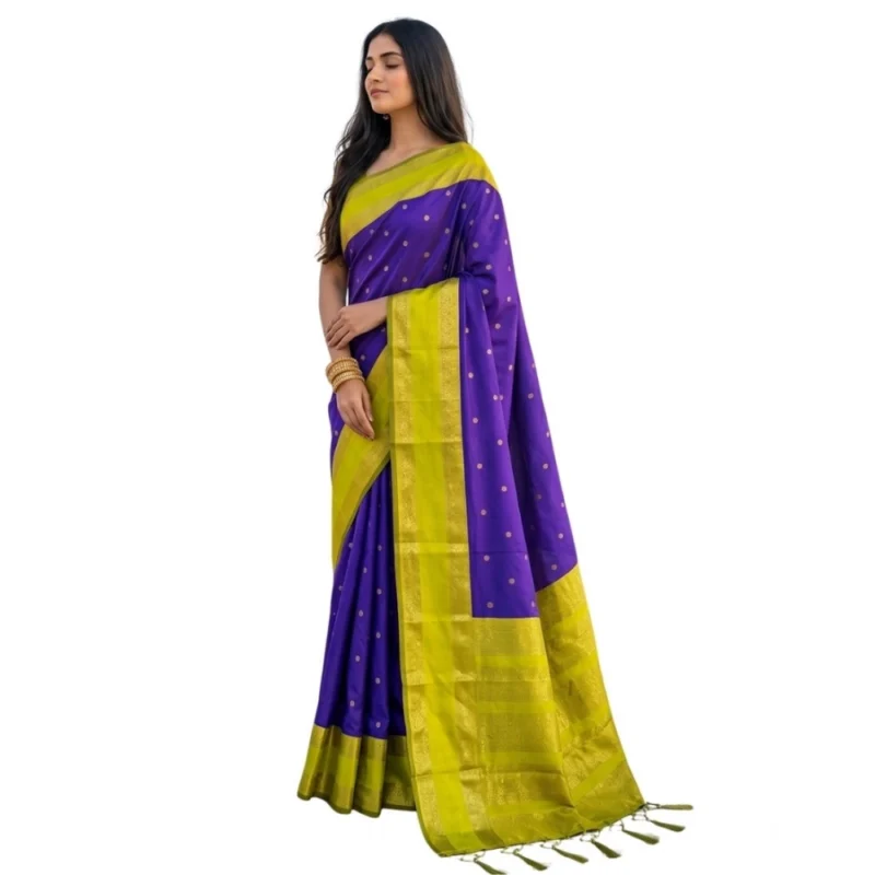 Alternative view of Women's Silk Blend Printed Saree With Unstitched Blouse 5.5Mtr (Purple-Green)