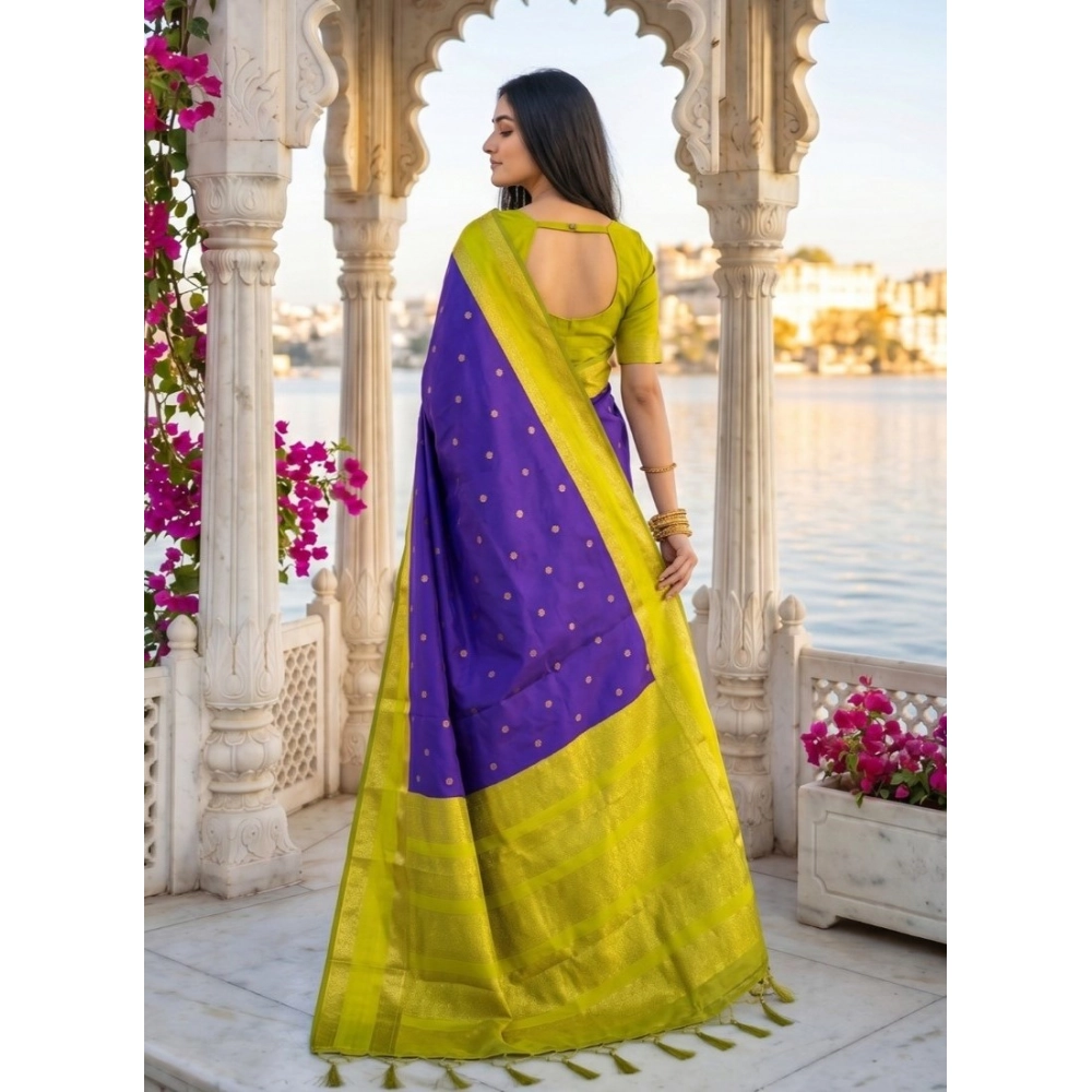 Women's Silk Blend Printed Saree With Unstitched Blouse 5.5Mtr (Purple-Green) - Image 3
