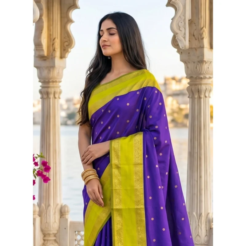 Women's Silk Blend Printed Saree With Unstitched Blouse 5.5Mtr (Purple-Green) - Image 4