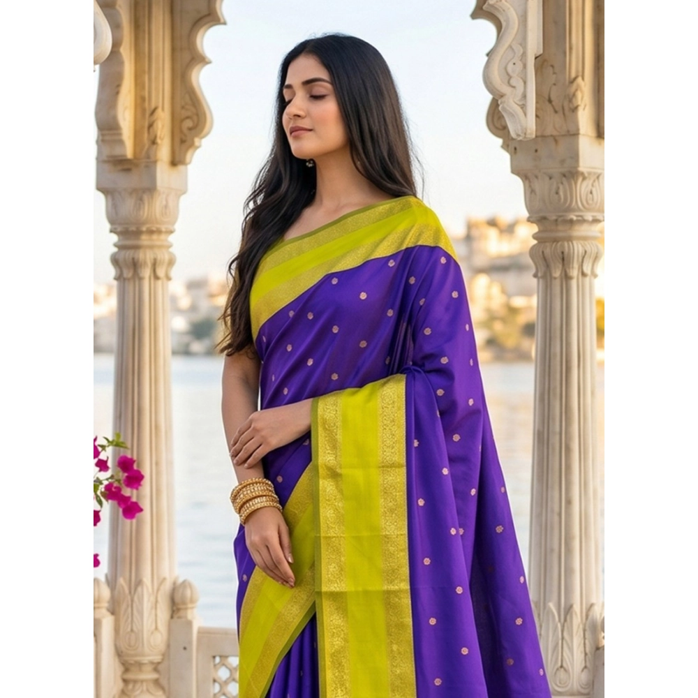 Women's Silk Blend Printed Saree With Unstitched Blouse 5.5Mtr (Purple-Green) - Image 4