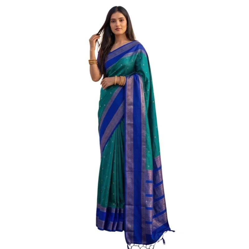 Alternative view of Women's Silk Blend Printed Saree With Unstitched Blouse 5.5Mtr (Teal-Blue)
