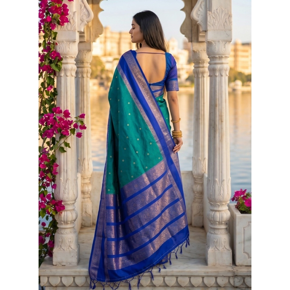 Women's Silk Blend Printed Saree With Unstitched Blouse 5.5Mtr (Teal-Blue) - Image 3