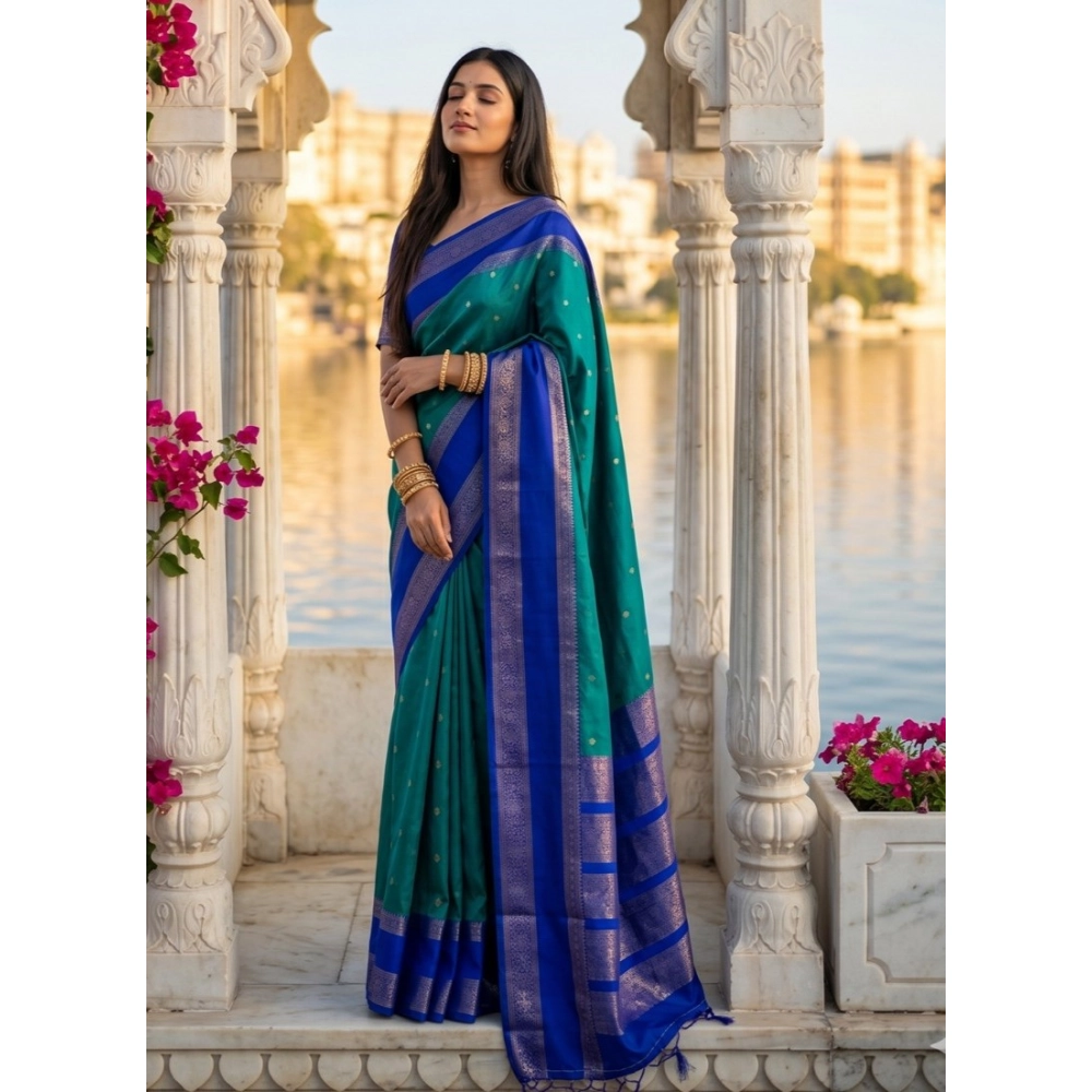 Women's Silk Blend Printed Saree With Unstitched Blouse 5.5Mtr (Teal-Blue) - Image 4