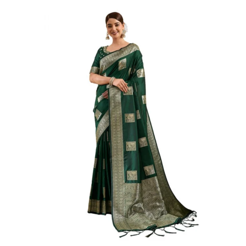 Alternative view of Women's Silk Blend Printed Saree With Unstitched Blouse 5.5Mtr (Dark Green)