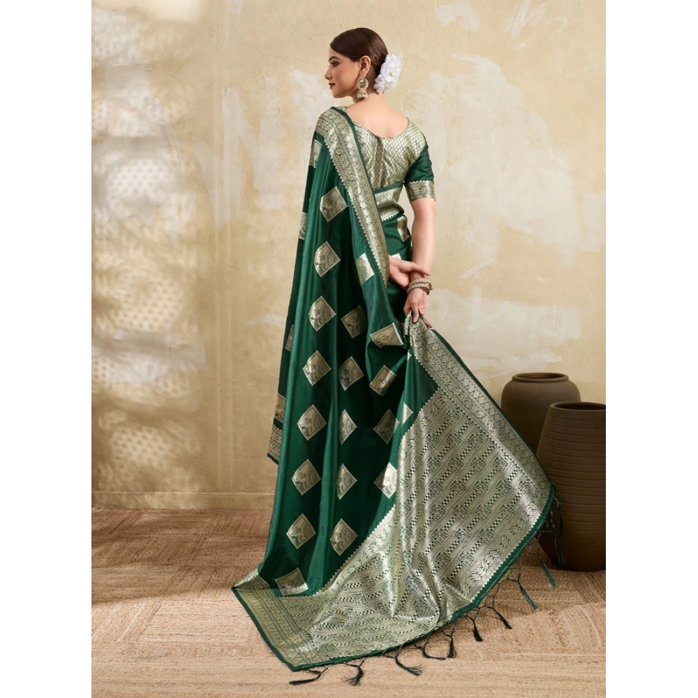 Women's Silk Blend Printed Saree With Unstitched Blouse 5.5Mtr (Dark Green) - Image 3