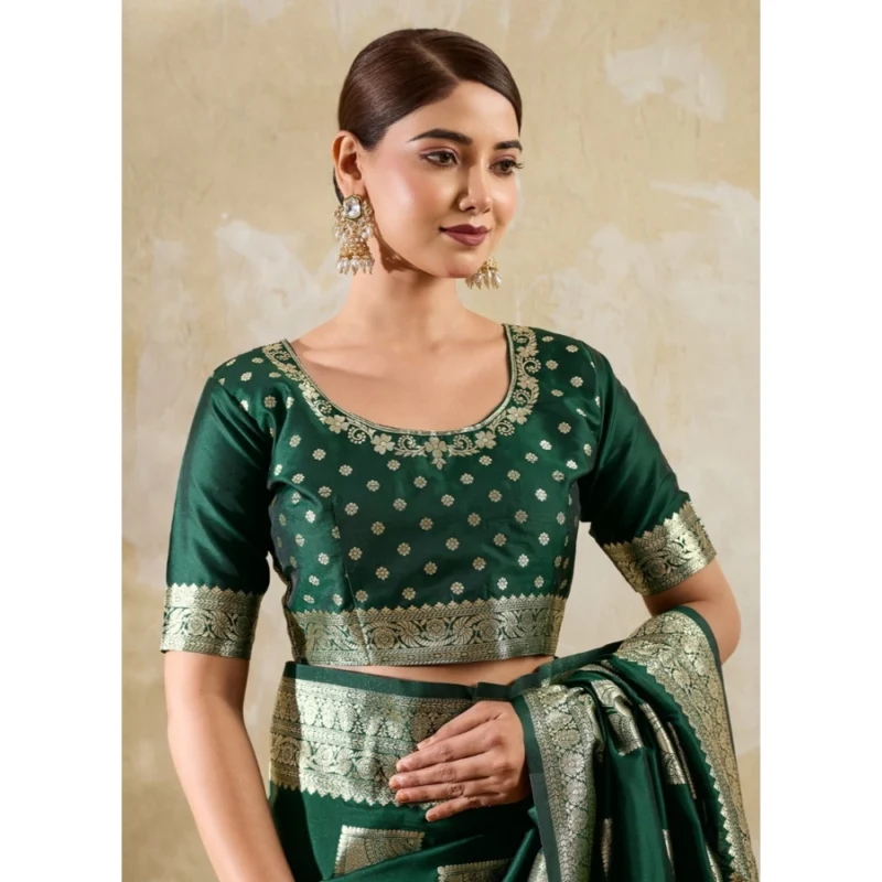 Women's Silk Blend Printed Saree With Unstitched Blouse 5.5Mtr (Dark Green) - Image 5