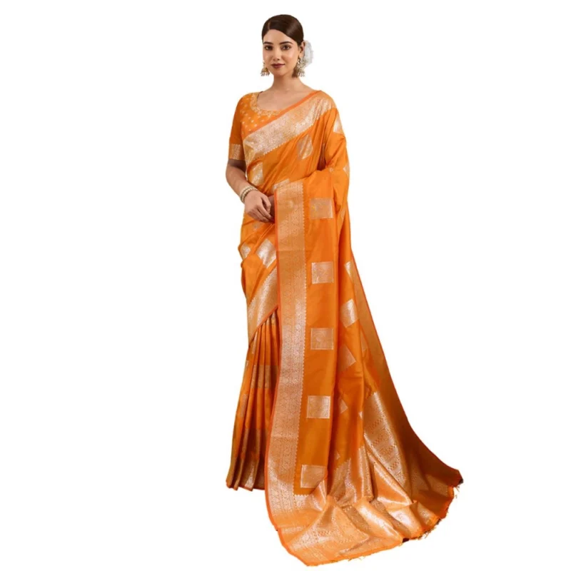 Alternative view of Women's Silk Blend Printed Saree With Unstitched Blouse 5.5Mtr (Orange)