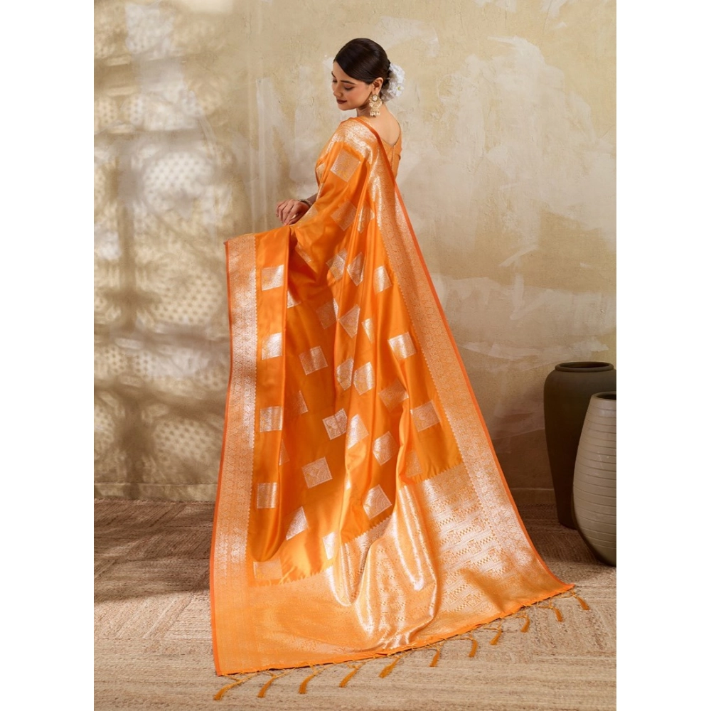 Women's Silk Blend Printed Saree With Unstitched Blouse 5.5Mtr (Orange) - Image 3