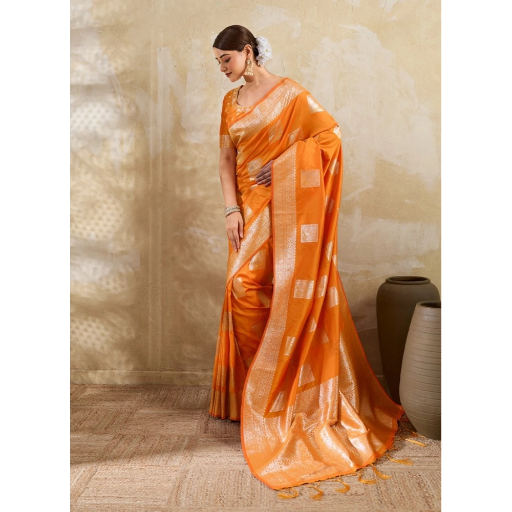 Women's Silk Blend Printed Saree With Unstitched Blouse 5.5Mtr (Orange) - Image 4