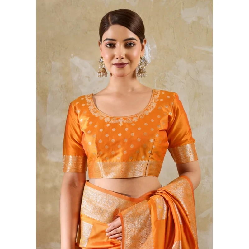 Women's Silk Blend Printed Saree With Unstitched Blouse 5.5Mtr (Orange) - Image 5
