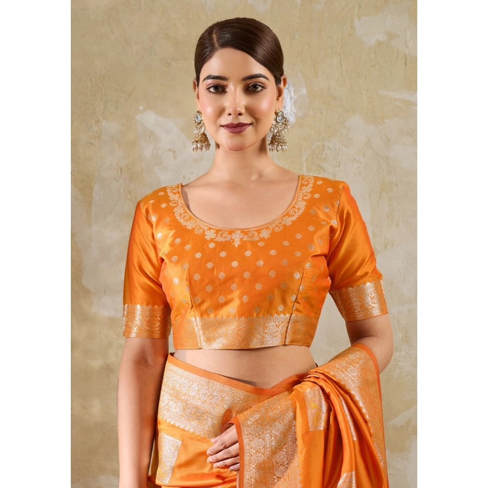 Women's Silk Blend Printed Saree With Unstitched Blouse 5.5Mtr (Orange) - Image 5