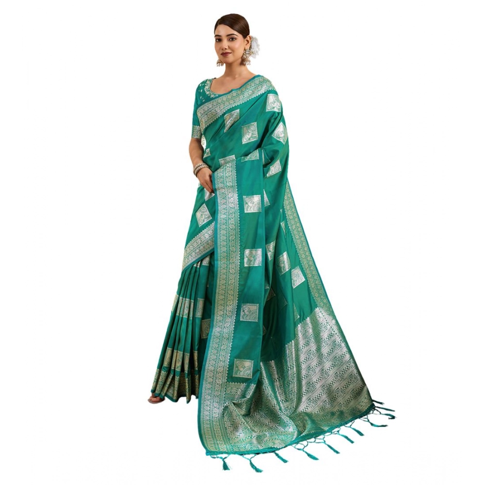 Women's Silk Blend Printed Saree With Unstitched Blouse 5.5Mtr (Sea Green) - Image 2