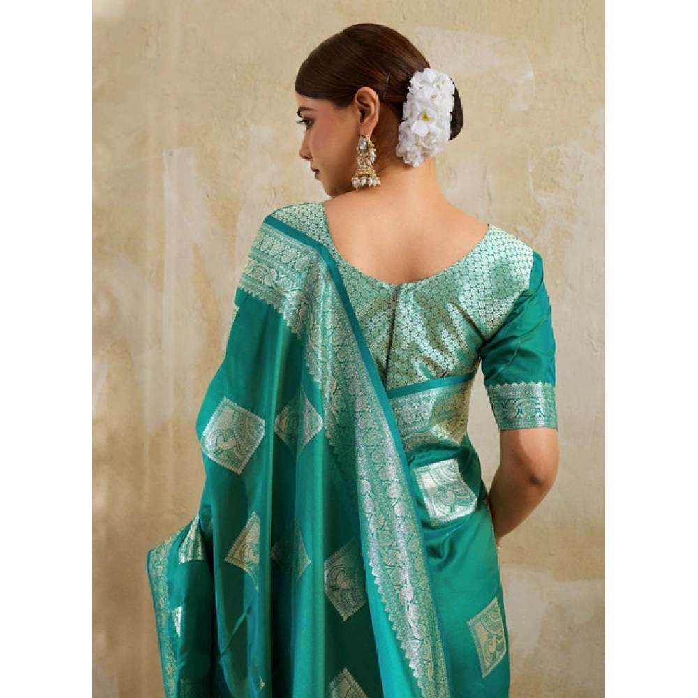 Women's Silk Blend Printed Saree With Unstitched Blouse 5.5Mtr (Sea Green) - Image 3