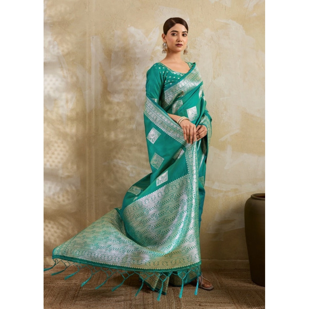 Women's Silk Blend Printed Saree With Unstitched Blouse 5.5Mtr (Sea Green) - Image 4