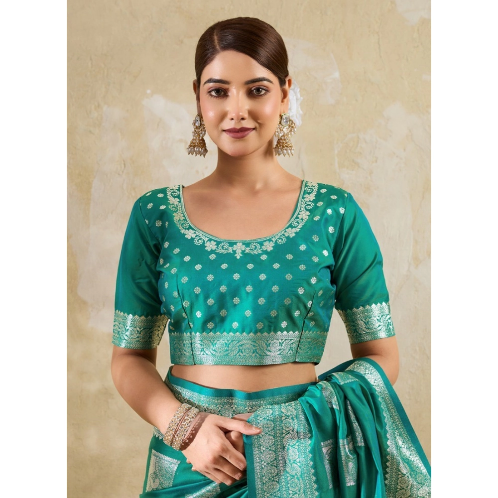 Women's Silk Blend Printed Saree With Unstitched Blouse 5.5Mtr (Sea Green) - Image 5