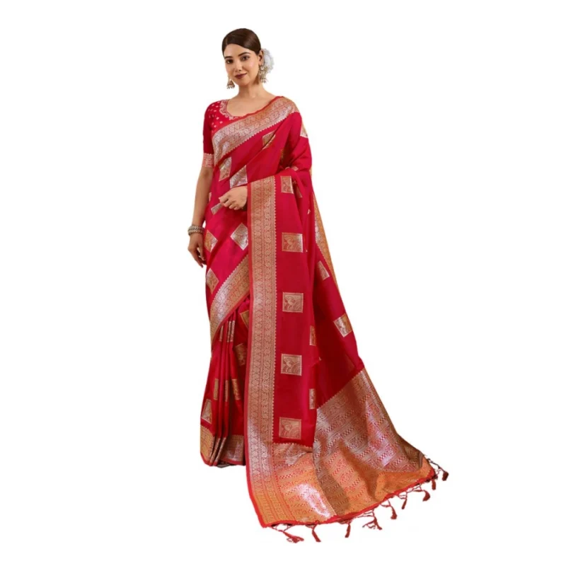 Alternative view of Women's Silk Blend Printed Saree With Unstitched Blouse 5.5Mtr (Red)