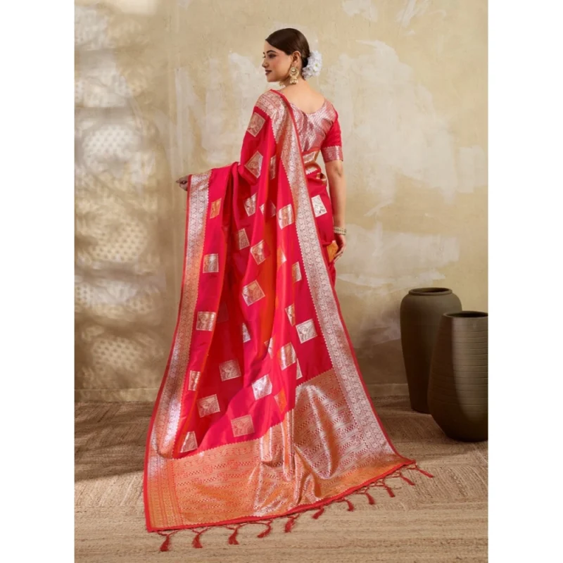 Women's Silk Blend Printed Saree With Unstitched Blouse 5.5Mtr (Red) - Image 3