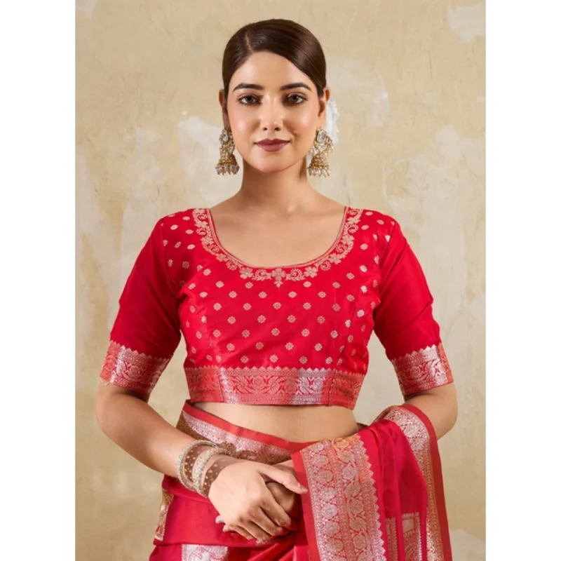 Women's Silk Blend Printed Saree With Unstitched Blouse 5.5Mtr (Red) - Image 4