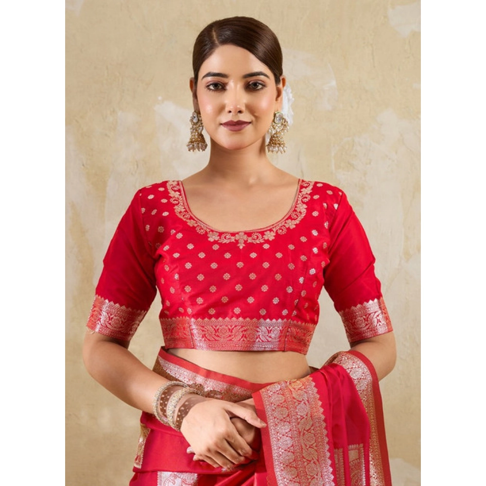 Women's Silk Blend Printed Saree With Unstitched Blouse 5.5Mtr (Red) - Image 4