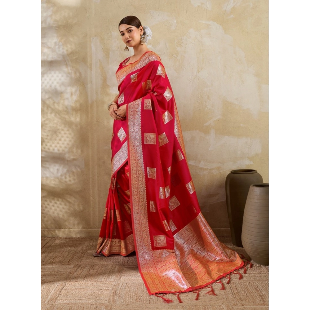 Women's Silk Blend Printed Saree With Unstitched Blouse 5.5Mtr (Red) - Image 5