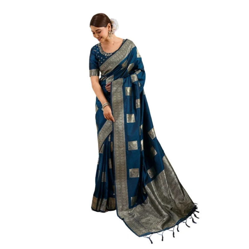 Alternative view of Women's Silk Blend Printed Saree With Unstitched Blouse 5.5Mtr (Teal Blue)