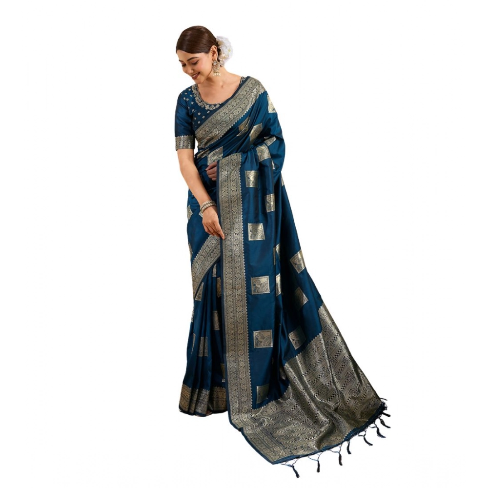 Women's Silk Blend Printed Saree With Unstitched Blouse 5.5Mtr (Teal Blue) - Image 2