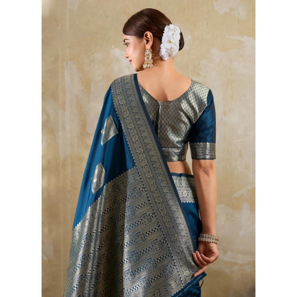 Women's Silk Blend Printed Saree With Unstitched Blouse 5.5Mtr (Teal Blue) - Image 3