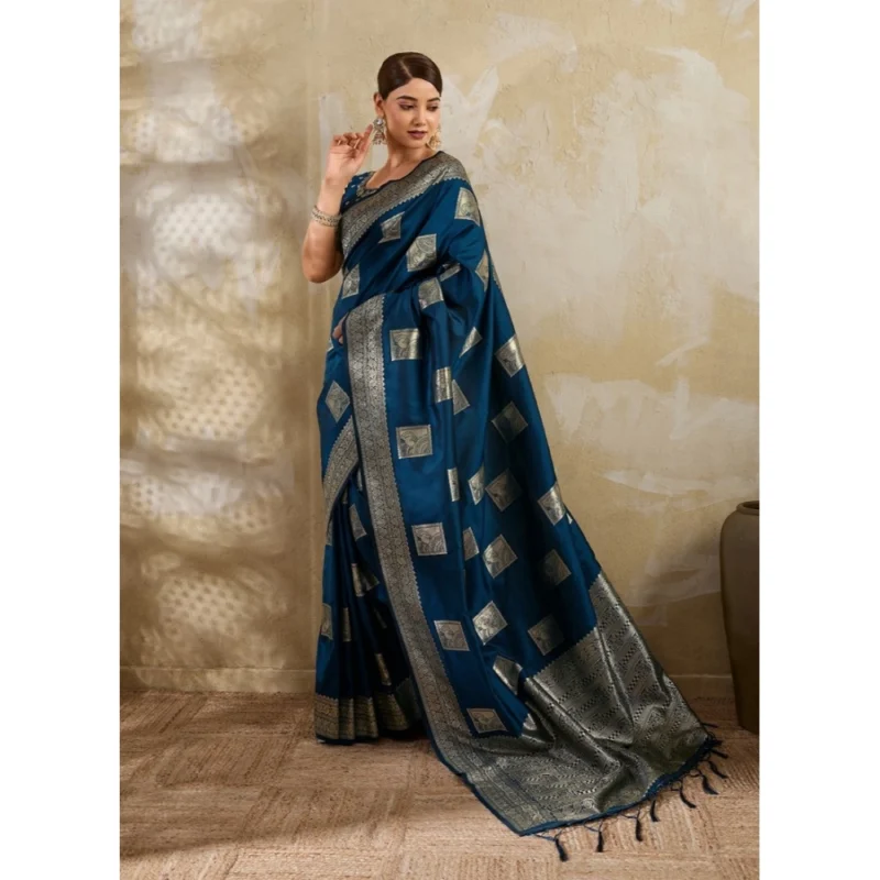 Women's Silk Blend Printed Saree With Unstitched Blouse 5.5Mtr (Teal Blue) - Image 4