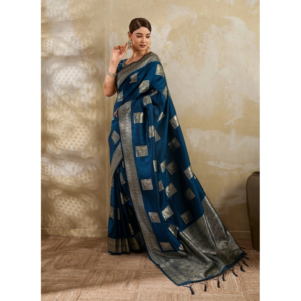 Women's Silk Blend Printed Saree With Unstitched Blouse 5.5Mtr (Teal Blue) - Image 4