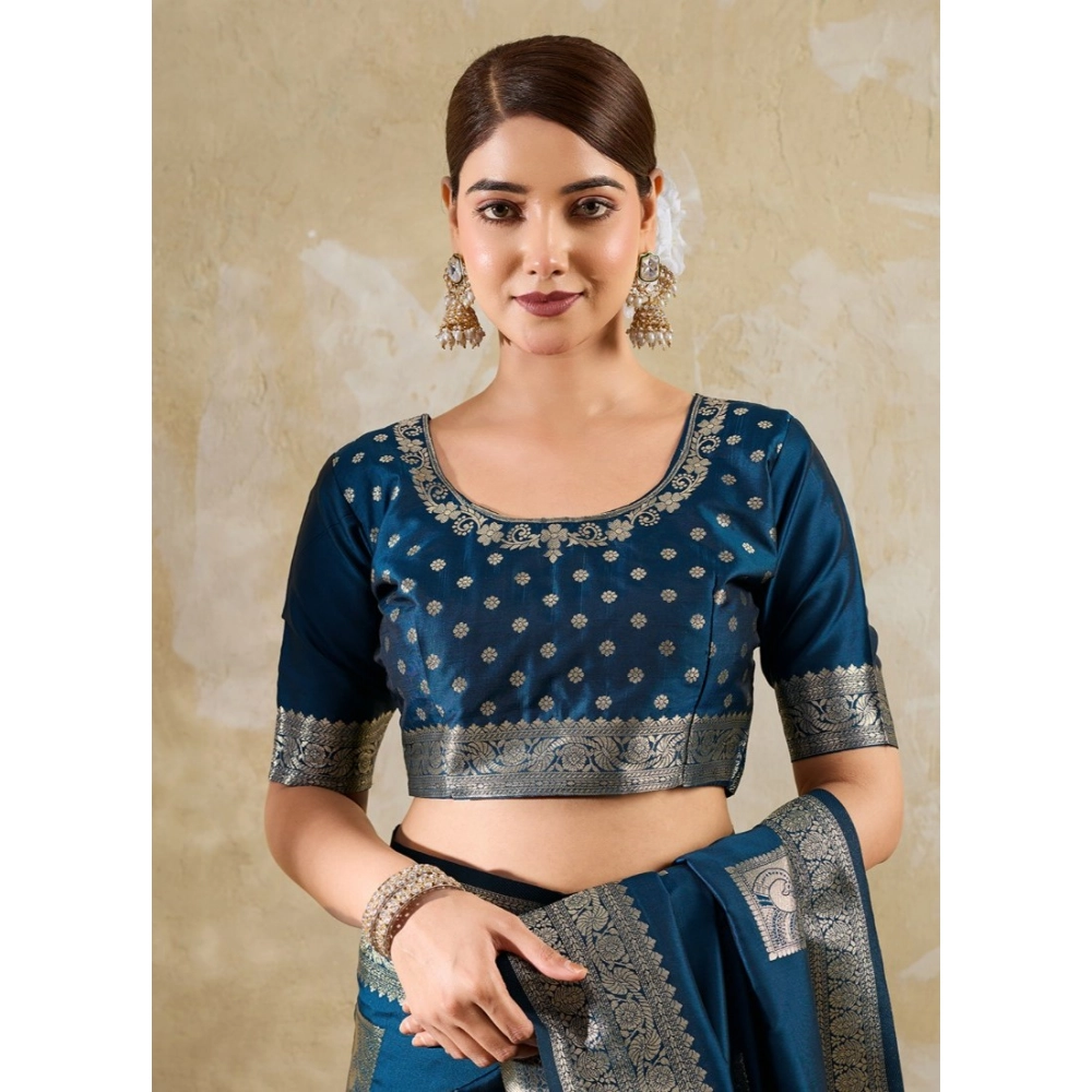 Women's Silk Blend Printed Saree With Unstitched Blouse 5.5Mtr (Teal Blue) - Image 5