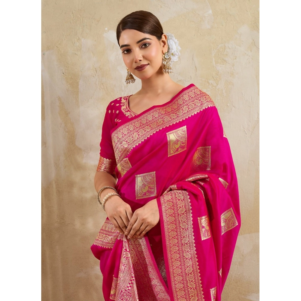 Women's Silk Blend Printed Saree With Unstitched Blouse 5.5Mtr (Magenta)