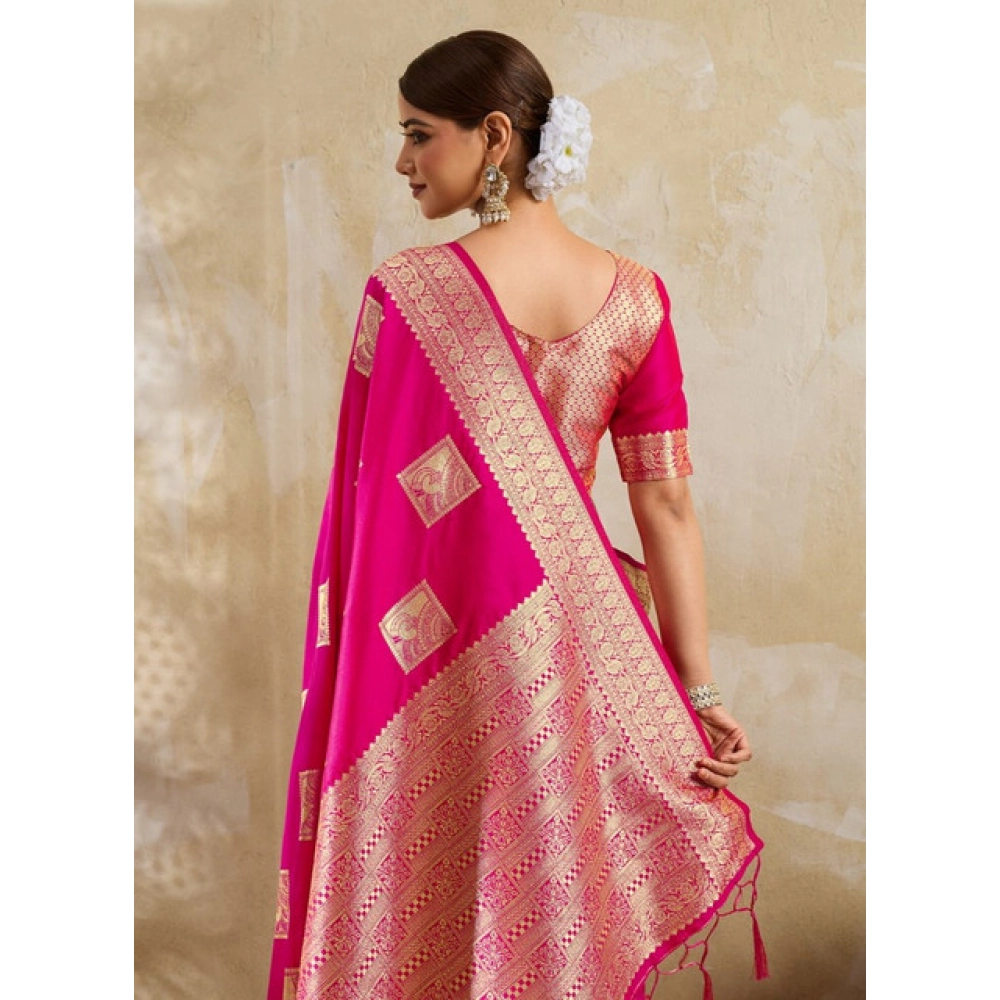 Women's Silk Blend Printed Saree With Unstitched Blouse 5.5Mtr (Magenta) - Image 3