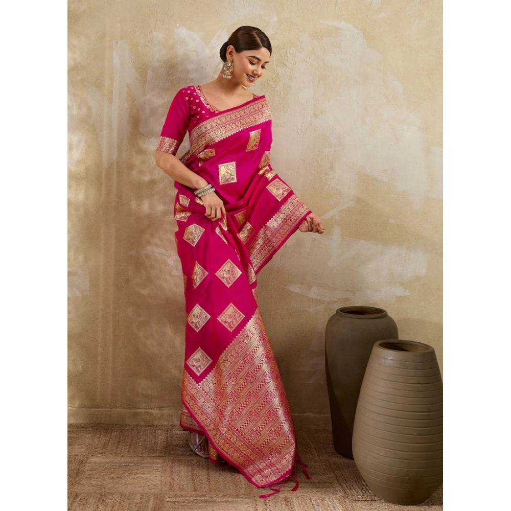 Women's Silk Blend Printed Saree With Unstitched Blouse 5.5Mtr (Magenta) - Image 4