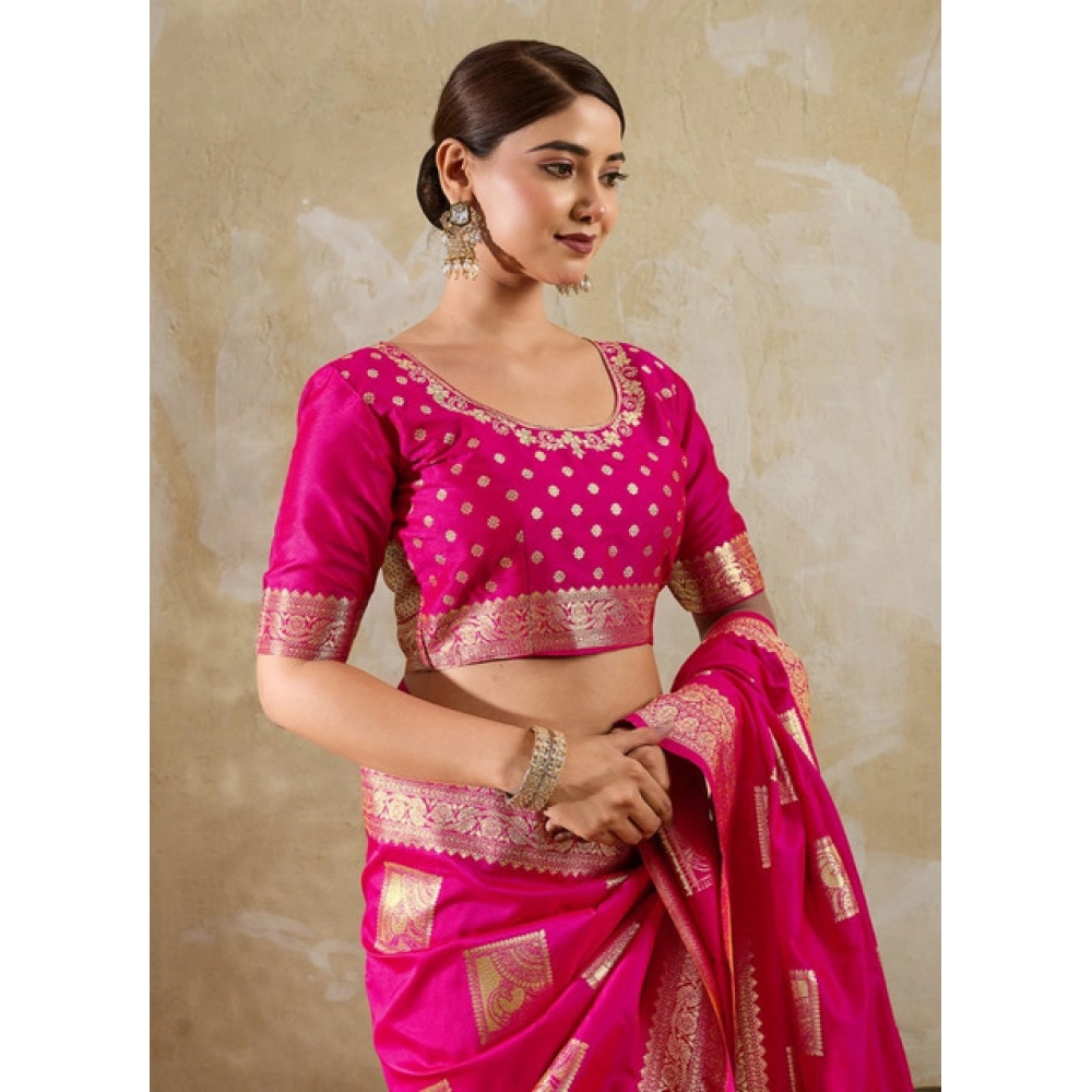 Women's Silk Blend Printed Saree With Unstitched Blouse 5.5Mtr (Magenta) - Image 5