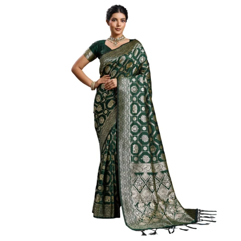 Alternative view of Women's Silk Blend Printed Saree With Unstitched Blouse 5.5Mtr (Bottel Green)