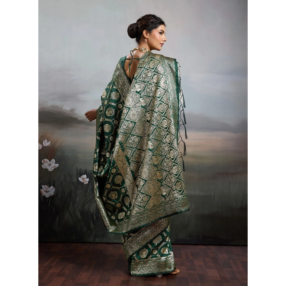 Women's Silk Blend Printed Saree With Unstitched Blouse 5.5Mtr (Bottel Green) - Image 3
